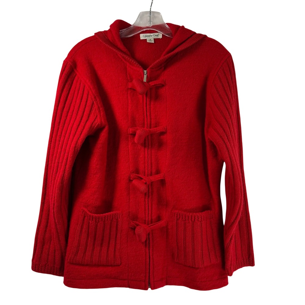Coldwater Creek Red 100% Wool Hooded Zip Toggle Cardigan Sweater Medium